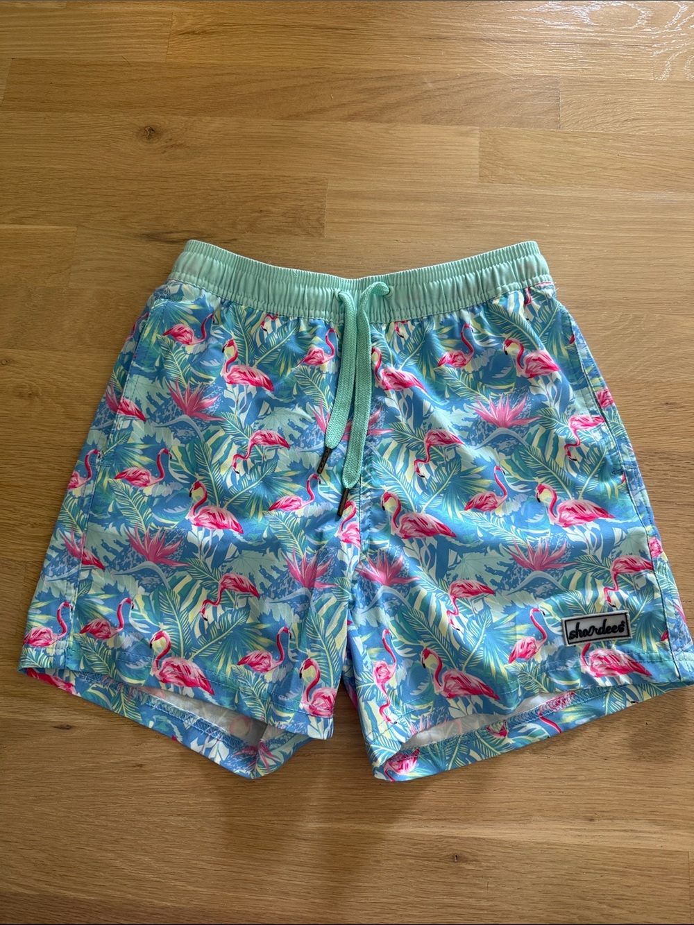 Kids Flamingo Print Swim Trunks in Aqua Mint